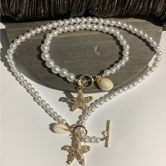 🪸Naitical Starfish & Puka  Shell Beaded Pearl toggle collar necklace & Bracelet - Picture 8 of 16
